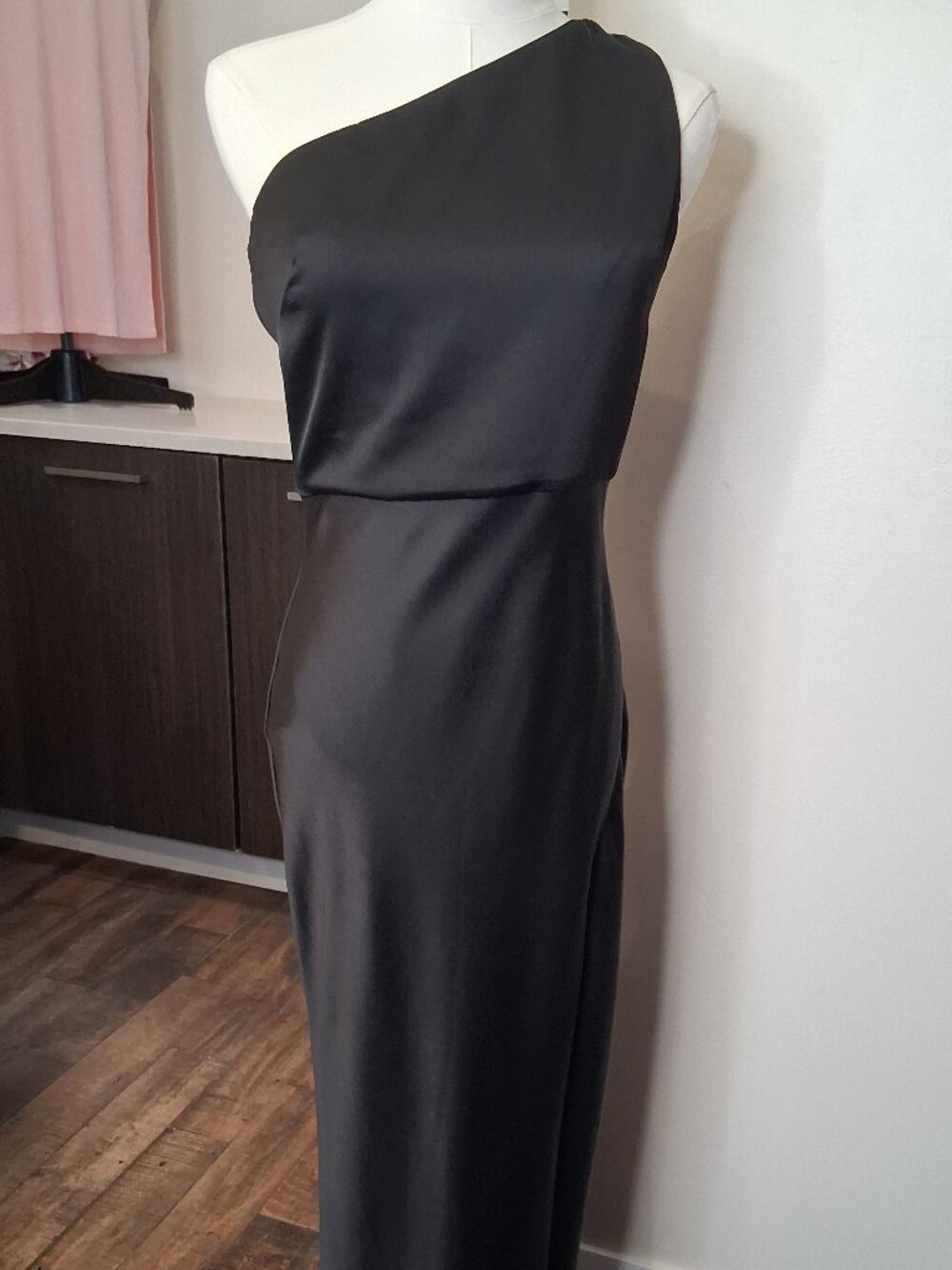 Anthropologie BHLDN Dylan Black One Shoulder Satin Maxi Dress Size 6